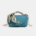 Blue leather crossbody bag featuring gold chain strap and elegant patterned silk scarf - 18*7*10cm / Blue