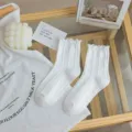 Witte sokken met ruches middelhoge stijl Japanse zoete lolita strik kant katoen voor dames - Eén maat / Witte Gerolde Kabelbreisel