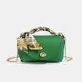 Green leather crossbody bag with chain strap and stylish scarf handle for women. - 18*7*10cm / Green