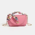 Pink genuine leather crossbody bag with chain strap, twist lock closure and printed silk scarf. - 18*7*10cm / Pink