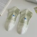 Green cotton ankle socks for women with cute puppy embroidery and pastoral striped design. - One Size / Dog with Hat
