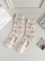 Balletcore bow mesh mid tube socks sweet Lolita pink star cotton socks for women summer - One Size / Pink Bowknot