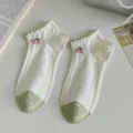 Floral cotton short socks for women, cute cherry embroidery, green toe ruffle boat socks. - One Size / One Cherry