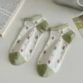 Women pastoral floral cotton short socks sweet green heart embroidered cute ankle socks - One Size / Green Floral