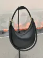 Black leather hobo shoulder bag for women, elegant woven strap crescent underarm handbag. - Black