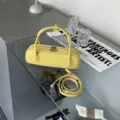Yellow leather cylinder handbag minimalist baguette shoulder bag with top handle and strap. - 26x7x9cm / Chick Yellow