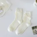 Cremewitte JK Sokken met Strik, Leuke Lolita Gebreide Halve Sokken met Parel Details - Eén maat / Beige Parel Strik