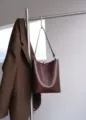 Genuine leather bucket bag minimalist casual brown single shoulder handbag for women daily commute - Coffee