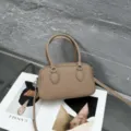 Genuine leather mini boston handbag, stylish taupe shoulder crossbody pillow bag for women. - Khaki