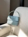 Light blue genuine leather top handle bag with button closure, stylish small handbag for women. - 19*3*14cm / Blue