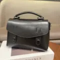 Black leather top handle handbag vintage retro shoulder crossbody casual tote bag for women - Black