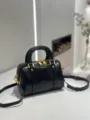 Black waxed leather vintage Boston handbag, chic casual crossbody bag for women daily. - Black