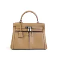 Brown leather handbag with dual front pockets, top handle and crossbody strap for daily commute. - 28*12*22CM / Elephant Gray