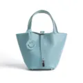 Light blue genuine leather bucket bag, classic handbag with padlock and smiley charm. - Medium 18*13*18cm / Grail Blue