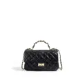 Black quilted leather shoulder bag with gold chain handle elegant luxury crossbody purse for women - Black
