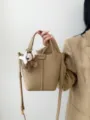 Genuine leather bucket bag for women, stylish handbag with shoulder strap and cute animal charm. - Light Khaki