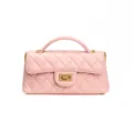Pink quilted leather top handle mini flap bag with classic turn-lock closure and elegant style. - 22*7*11cm / Sakura Pink