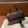 Women dark red leather Boston bag stylish crossbody handbag vintage daily casual tote bag - 26*14*17cm / Wine Coffee