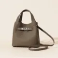 Sac seau en cuir véritable grain litchi pour femme bandoulière mode sac à main chic - 22.5*14*19.5cm / Gris foncé