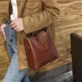 Brown leather bucket bag women stylish shoulder crossbody bag large capacity daily fashion handbag - Wine Brown