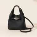 Sac seau en cuir véritable noir avec poignée supérieure et bandoulière, design élégant. - 22.5*14*19.5cm / Noir Classique