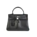 Black leather top handle shoulder bag with classic kelly design and front pockets. - 28*12*22CM / Black