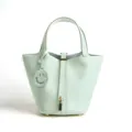 Light green genuine leather bucket bag handbag with padlock and cute smiley charm design. - Medium 18*13*18cm / Bubble Green