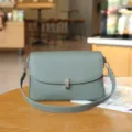 Grey leather shoulder bag, stylish casual crossbody bag with metal lock and strap. - Blue