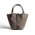 Gray Genuine Leather Bucket Bag Top Handle Tote Handbag Elegant Casual Daily Purse - Medium 18*13*18cm / Dark Gray