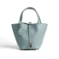 Haze Blue Genuine Leather Bucket Bag Top Layer Cowhide Tote Handbag Daily Variant Style - Medium 18*13*18cm / Linen Blue