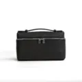 Black ostrich pattern leather handbag vanity box with top handle and silver hardware. - Black