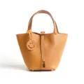 Genuine Leather Bucket Bag Brown Tote Chic Handbag with Lock and Charm Accessory - Medium 18*13*18cm / Biscuit Color