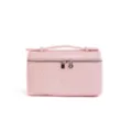 Pink ostrich leather vanity handbag with top handle and metal zipper lock for women. - Pink