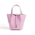 Pink genuine leather bucket bag for women, elegant top handle handbag with lock and smiley charm. - Medium 18*13*18cm / Mallow Purple