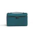 Ostrich grain leather vanity bag with top handle and secure zipper lock, stylish teal design. - Blue