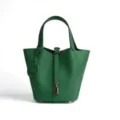 Green genuine leather bucket handbag with lock clasp and cute charm, elegant top handle bag. - Medium 18*13*18cm / Velvet Green