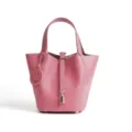 Pink leather bucket bag handbag with padlock cute smiley charm daily casual shoulder bag - Medium 18*13*18cm / Milkshake Pink