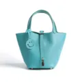 Genuine leather bucket handbag casual tote style teal shoulder bag with metal lock detail - Medium 18*13*18cm / Maltese Blue