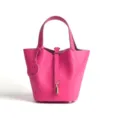 Pink genuine leather bucket bag chic handbag minimalist top handle tote for women - Medium 18*13*18cm / Bright Plum Red