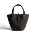 Genuine leather bucket bag for women, stylish brown handbag with top handle and lock charm. - Medium 18*13*18cm / Ebony