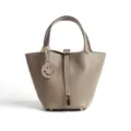 Genuine leather bucket bag stylish handbag casual tote purse with lock and smiley charm - Medium 18*13*18cm / Elephant Gray (Silver Buckle)