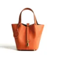 Orange leather bucket bag top handle purse stylish casual handbag with lock charm - Medium 18*13*18cm / Emma Orange