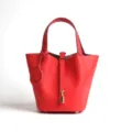 Red genuine leather bucket bag stylish handbag featuring gold lock and cute smiley charm sku - Medium 18*13*18cm / Bright Red