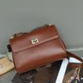 Women's genuine leather vintage shoulder bag crossbody handbag with metal twist lock brown. - 24*18*18cm / Wine Brown
