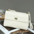 Elegant genuine leather shoulder bag for women, retro crossbody handbag with metal twist lock. - 24*18*18cm / Off White