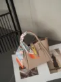 Stylish genuine leather bucket handbag with twilly scarf, elegant taupe daily tote bag. - 27*10*17cm / Milk Tea