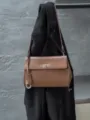 Genuine leather flap crossbody bag for women, retro style shoulder bag with metal lock. - Coffee