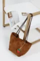 Brown suede tote bag for women, large capacity shoulder bucket bag with cute strawberry charm. - Frosted Brown