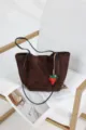 Brown suede tote shoulder bag for women, large capacity bucket bag with cute strawberry charm. - Frosted Coffee