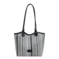 Woven straw tote bag for women, black and white striped shoulder bag with leather handles. - Style 1 (Black and White Stripes) / Without Pendant / Black